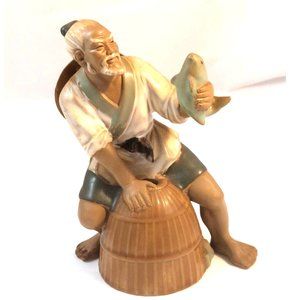 Vintage Chinese Shiwan Artistic Ceramic Mudman Fisherman Glazed Figurine 7" tall